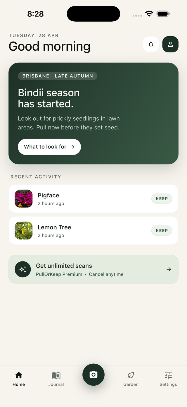 Home screen with weather and recent activity